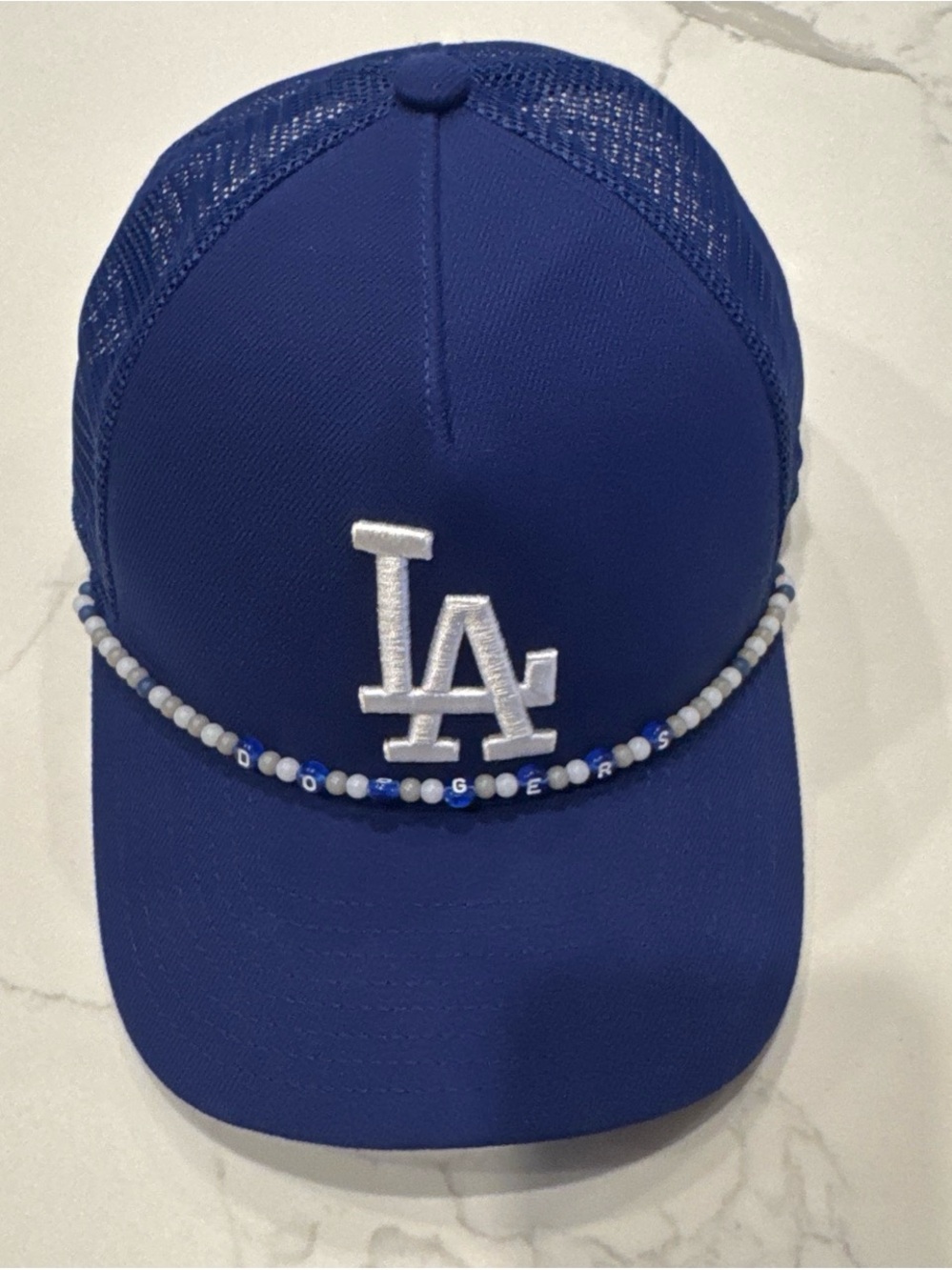New era LA Dodgers Blue Trucker Cap with Beaded Chin Strap